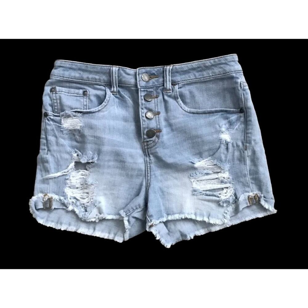 Sun & Shadow High Rise Denim Shorts Womens 7 Distressed Cut Off Blue Jean